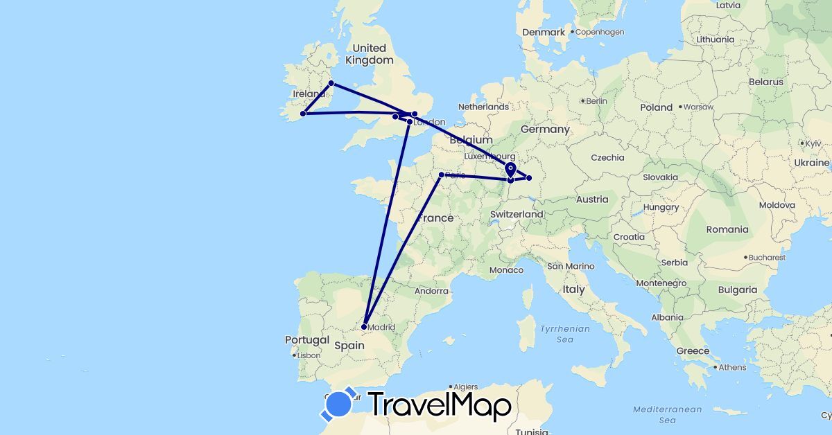 TravelMap itinerary: driving in Germany, Spain, France, United Kingdom, Ireland (Europe)